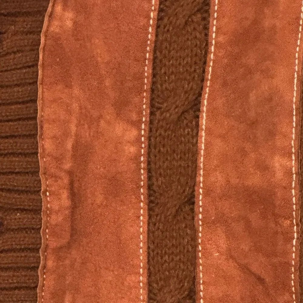 1970s Vintage Brown w Red Suede Front Shawl Cardigan RETRO M Old Grandpa Hipster